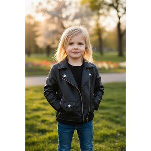 Girls Black Faux Leather Moto Jacket With Quilted Shoulder Details & Zip Pockets